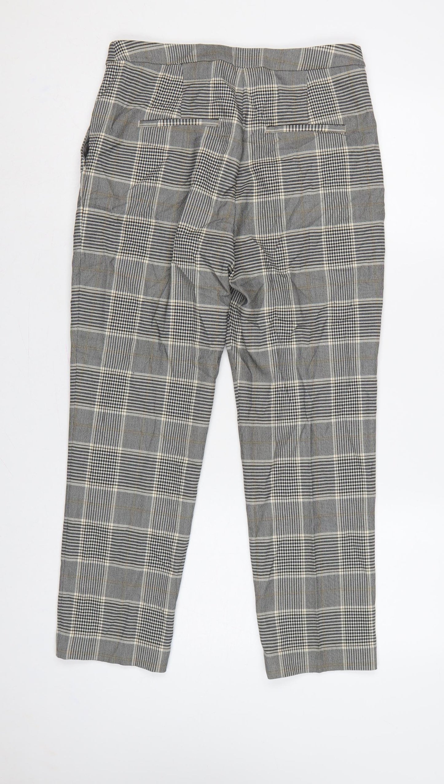 H&M Women Grey Check Tapered Dress Trousers UK 8 Stretch Pockets