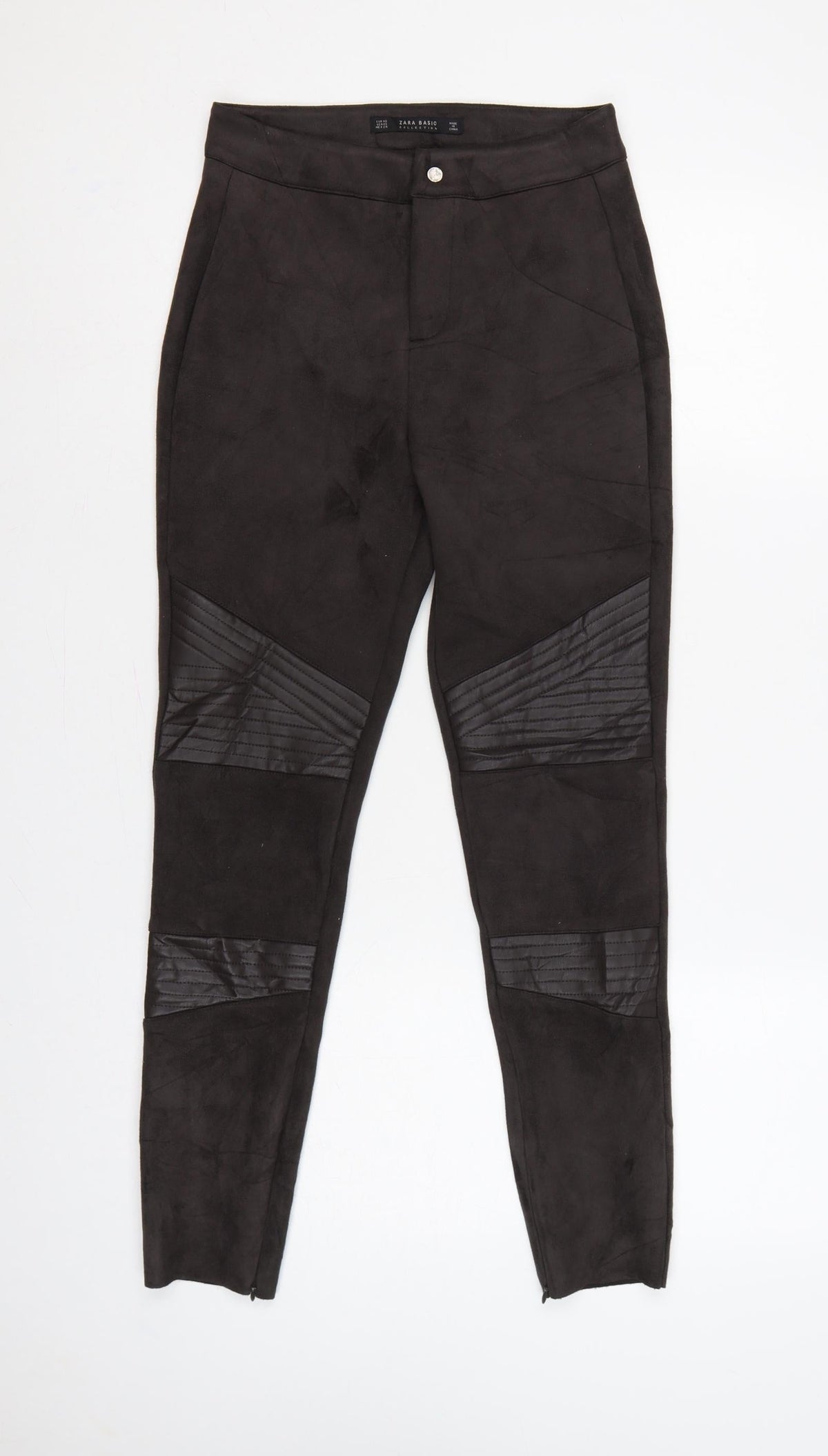 Zara Women Black XS Skinny Biker Quilted Ankle Zip Trousers