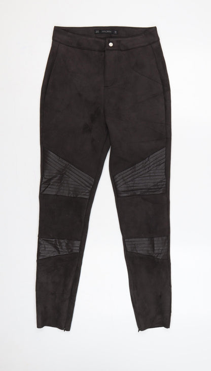 Zara Women Black XS Skinny Biker Quilted Ankle Zip Trousers