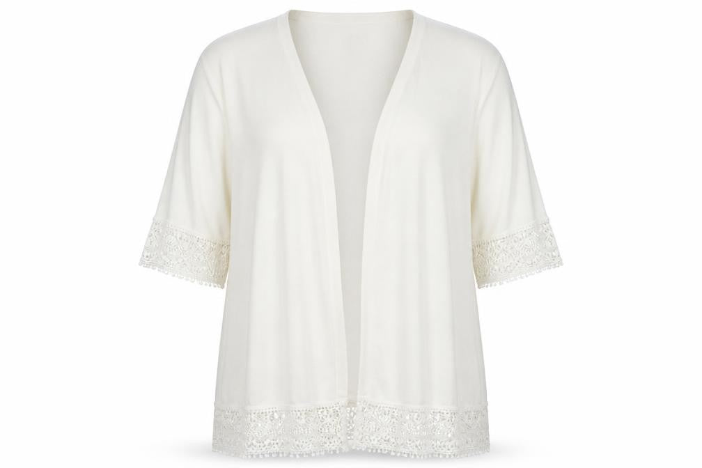 Julipa Women Ivory UK 24 Open Cardigan Lace Trim 3/4 Sleeve Plus