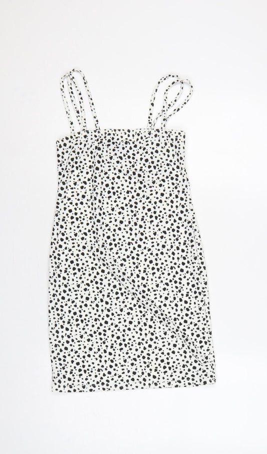 Additional front view of Missguided Women White Animal Print Strappy Bodycon Mini Dress UK 8