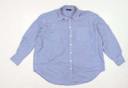 Marks & Spencer Women Blue White Stripe UK 18 Cotton Button-Up Shirt