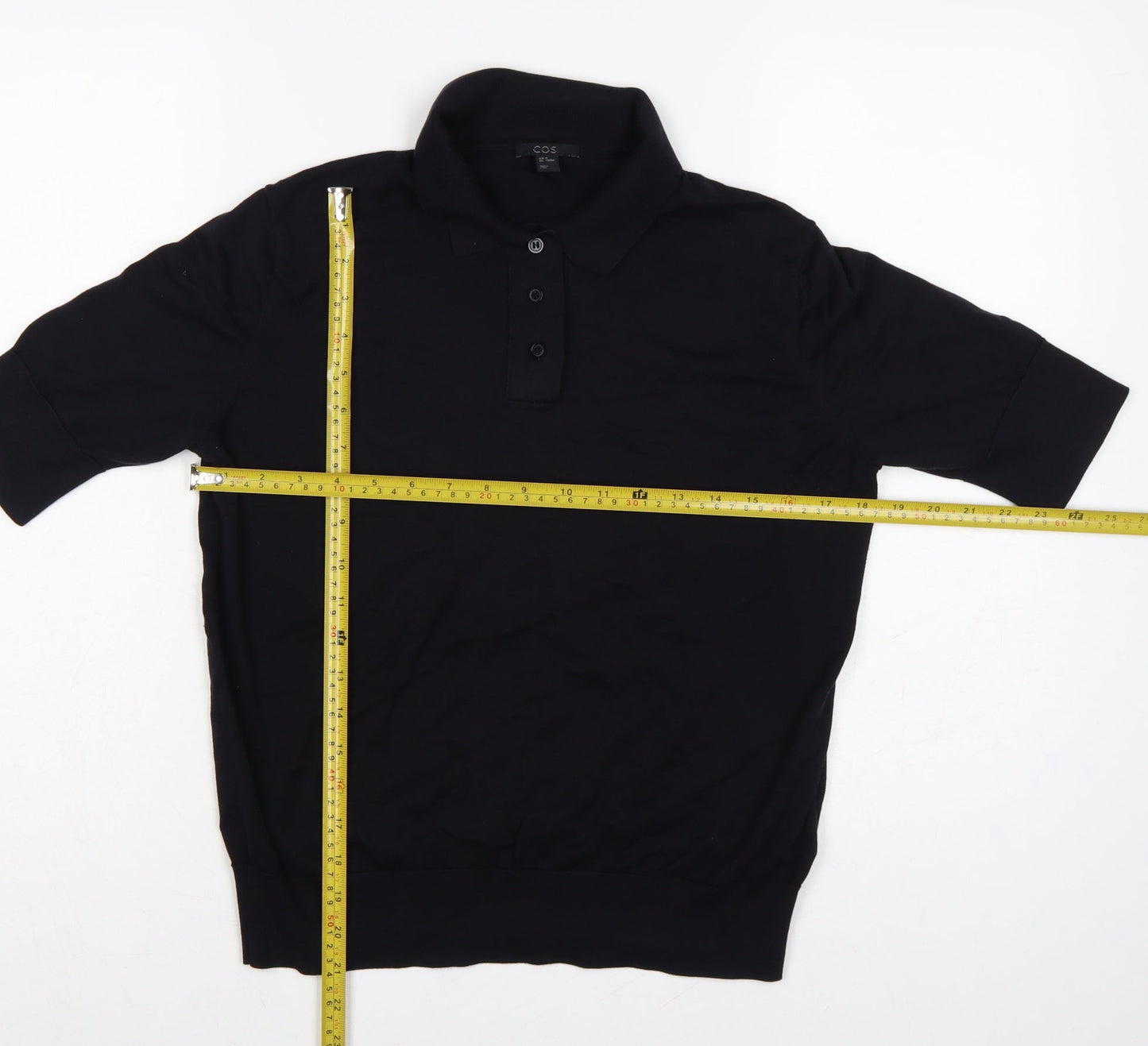 COS Women Black M Silk Cotton Collared Short Sleeve Henley Jumper