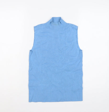 Marks & Spencer Women Blue UK 12 Ribbed Sleeveless Mock Neck Vest Jumper