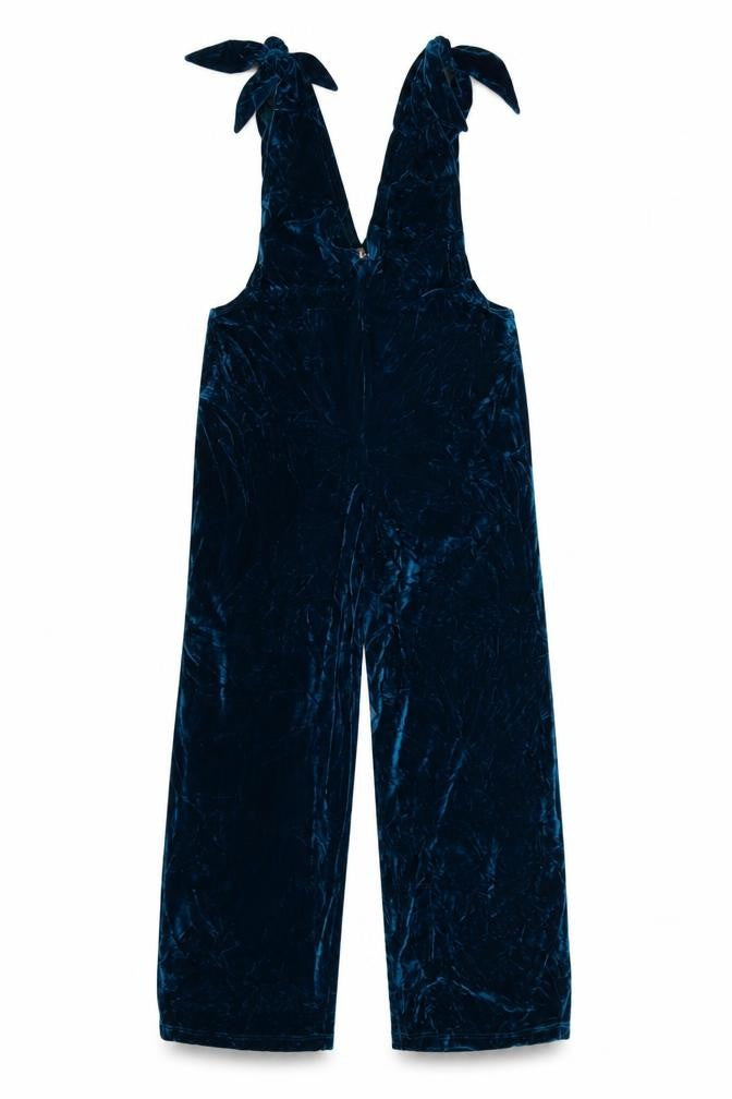 Megan Crook Women Blue S Velvet Halter Wide-Leg Jumpsuit