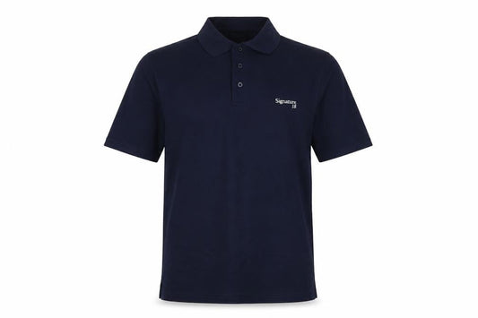 Front view of Signature Golf 18 Men's Blue M Short Sleeve Embroidered Logo Polo Shirt