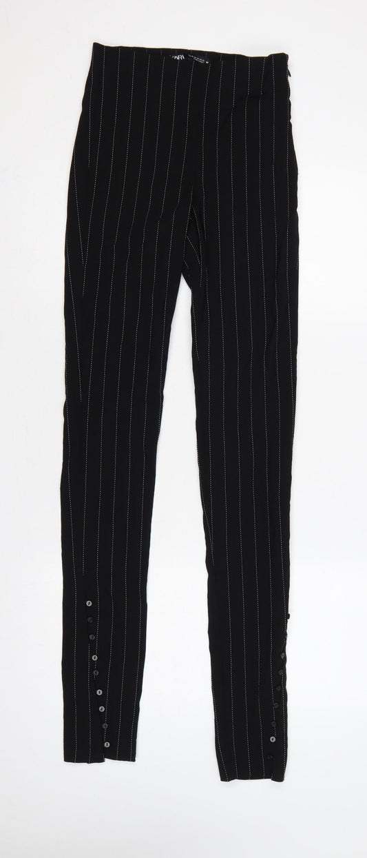 Zara Women Black XS Pinstripe High Waist Button Hem Leggings