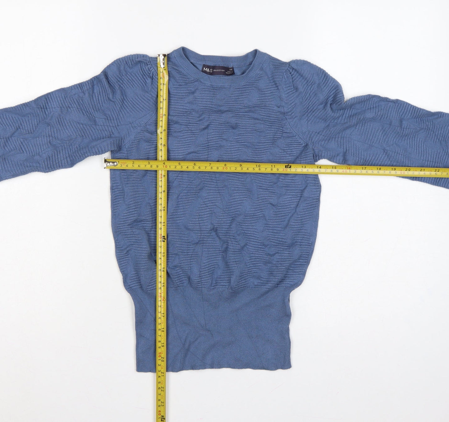 Marks & Spencer Women Blue XS Textured Knit Puff Sleeve Jumper