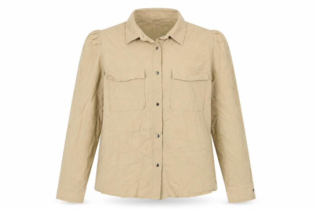Pimkie Women Beige UK 10 Basic Long Sleeve Pocket Button-Up Shirt