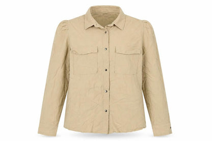 Pimkie Women Beige UK 10 Basic Long Sleeve Pocket Button-Up Shirt