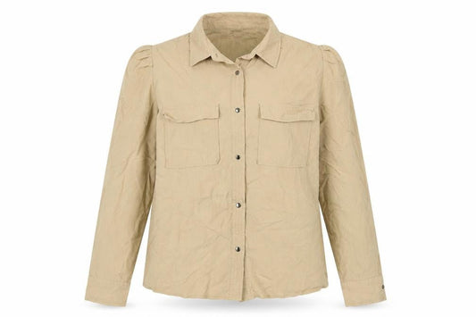 Pimkie Women Beige UK 10 Basic Long Sleeve Pocket Button-Up Shirt
