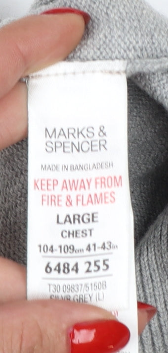 Marks and Spencer Men Grey Large V-Neck Cotton Knit Pullover Jumper
