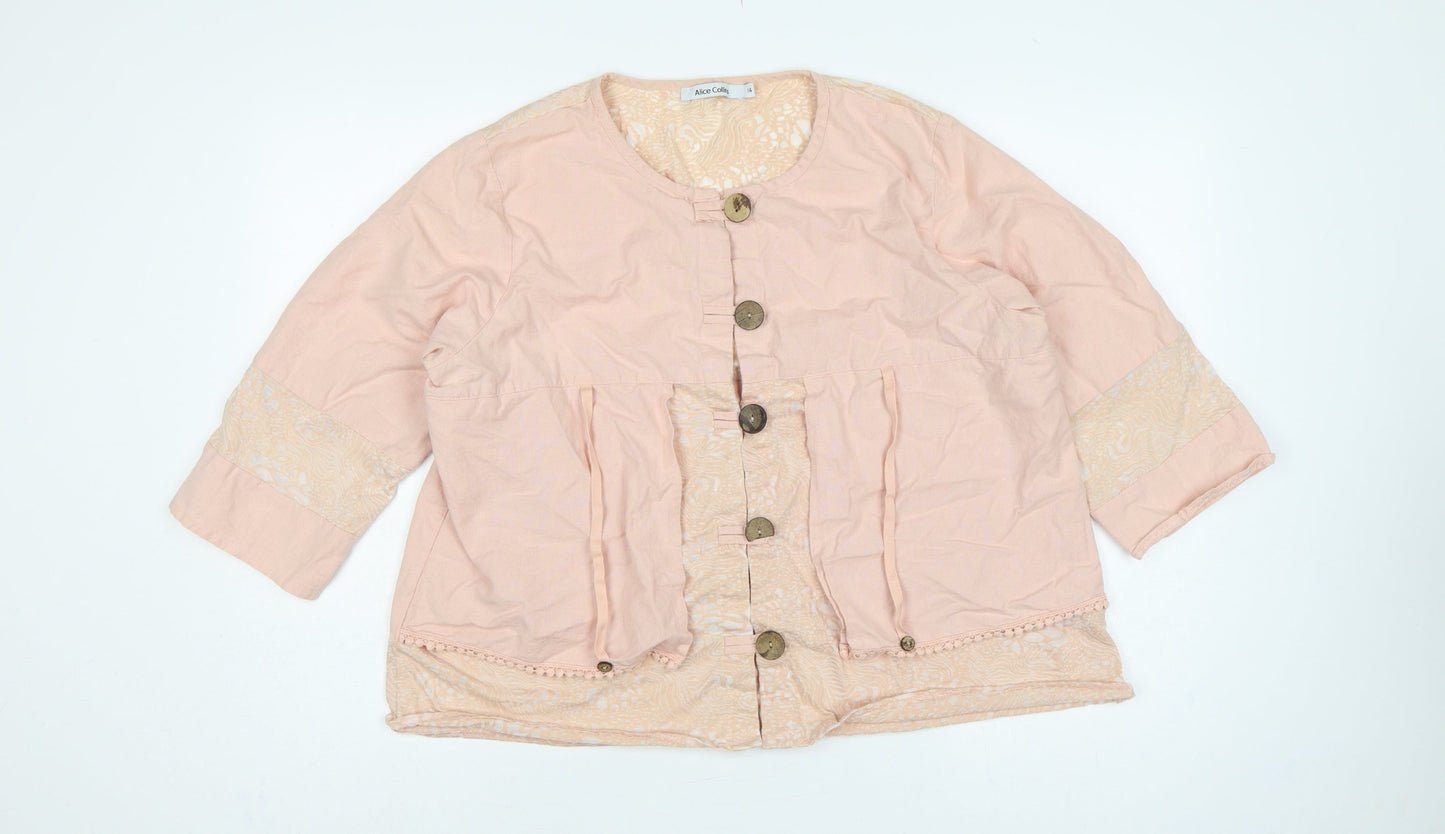 Alice Collins Women Pink Size 14 Cotton Linen Geometric Tunic Blouse