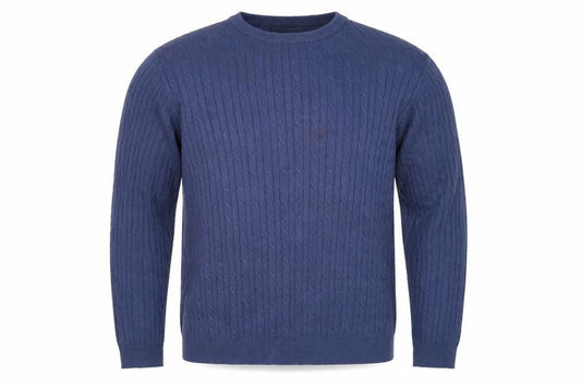 Front view of WoolOvers men’s blue m cable knit crew neck long sleeve jumper