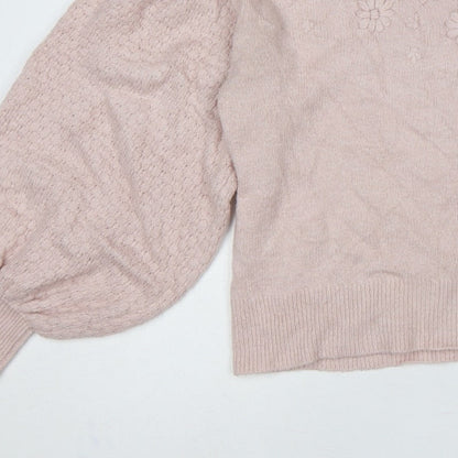 Oasis Women Pink M Floral Knit Balloon Sleeve Crew Neck Jumper