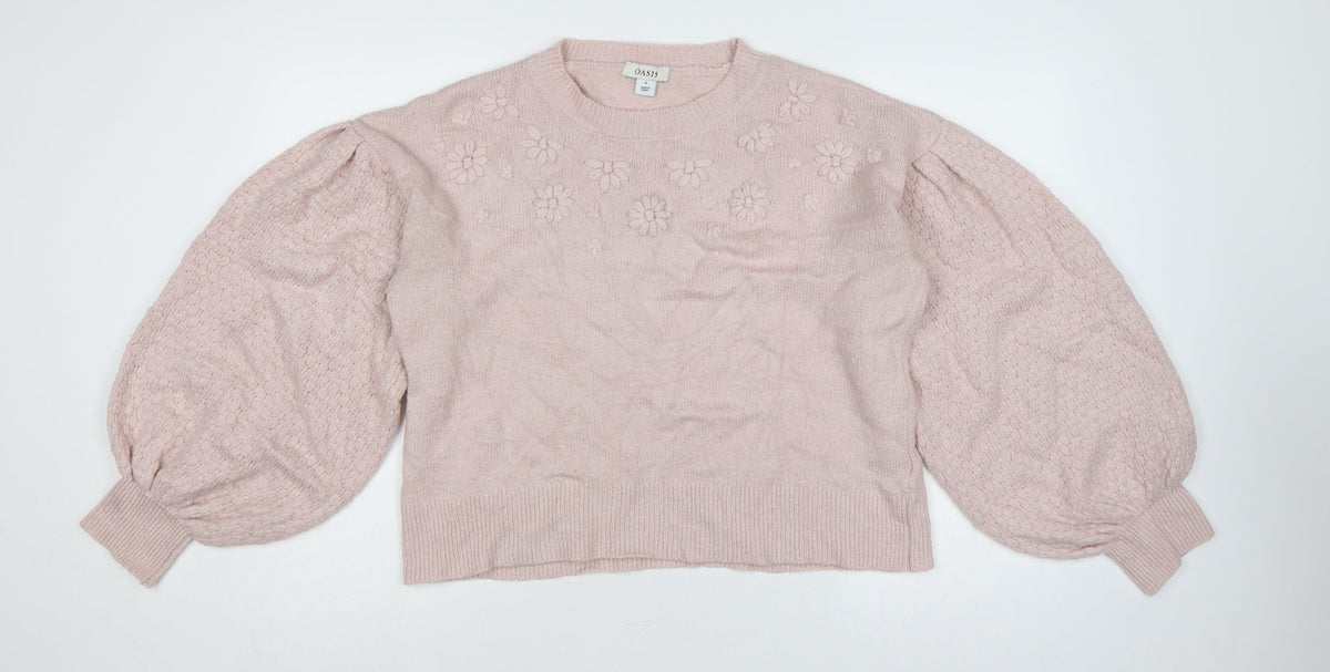 Oasis Women Pink M Floral Knit Balloon Sleeve Crew Neck Jumper