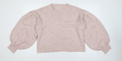 Oasis Women Pink M Floral Knit Balloon Sleeve Crew Neck Jumper