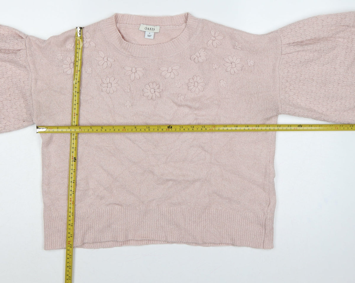 Oasis Women Pink M Floral Knit Balloon Sleeve Crew Neck Jumper