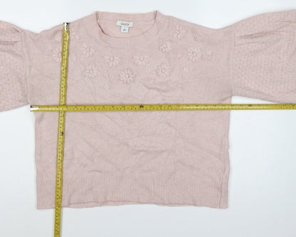 Oasis Women Pink M Floral Knit Balloon Sleeve Crew Neck Jumper