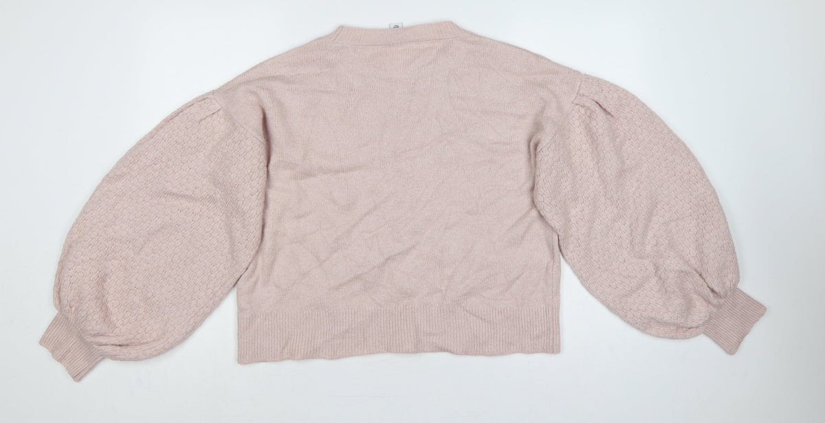 Oasis Women Pink M Floral Knit Balloon Sleeve Crew Neck Jumper