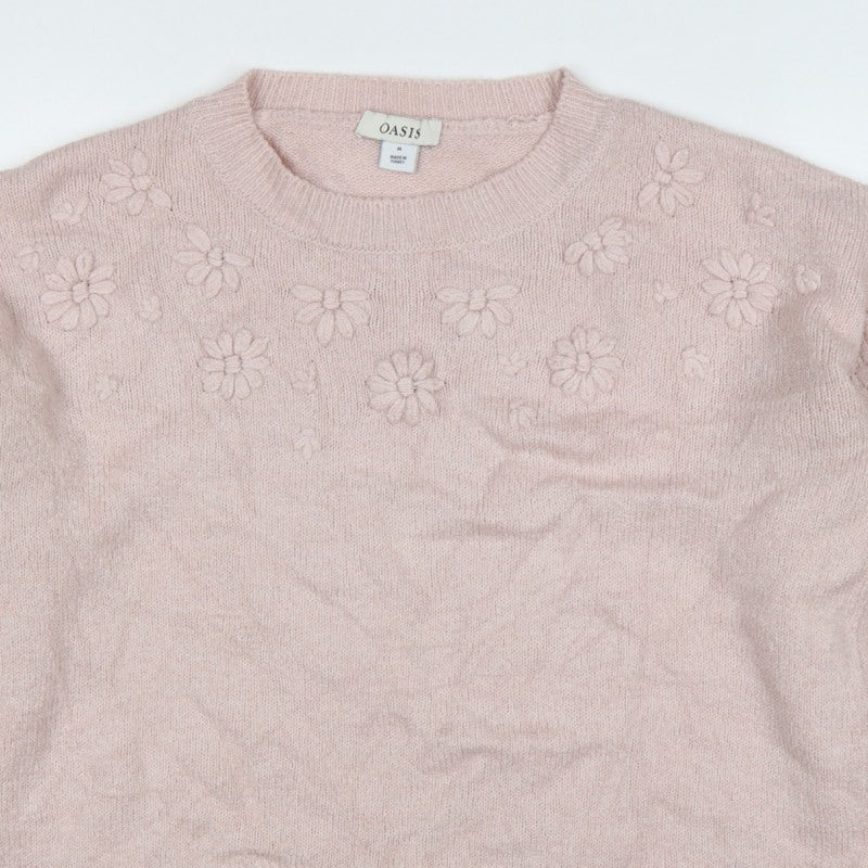 Oasis Women Pink M Floral Knit Balloon Sleeve Crew Neck Jumper