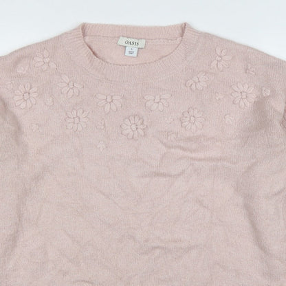 Oasis Women Pink M Floral Knit Balloon Sleeve Crew Neck Jumper