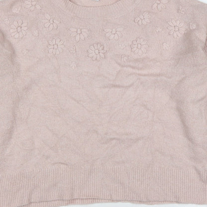 Oasis Women Pink M Floral Knit Balloon Sleeve Crew Neck Jumper