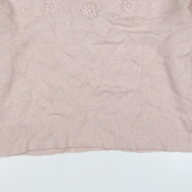 Oasis Women Pink M Floral Knit Balloon Sleeve Crew Neck Jumper