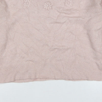 Oasis Women Pink M Floral Knit Balloon Sleeve Crew Neck Jumper