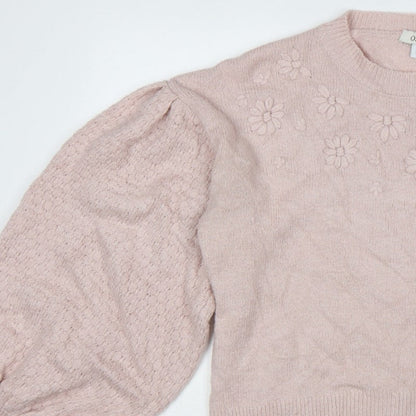 Oasis Women Pink M Floral Knit Balloon Sleeve Crew Neck Jumper