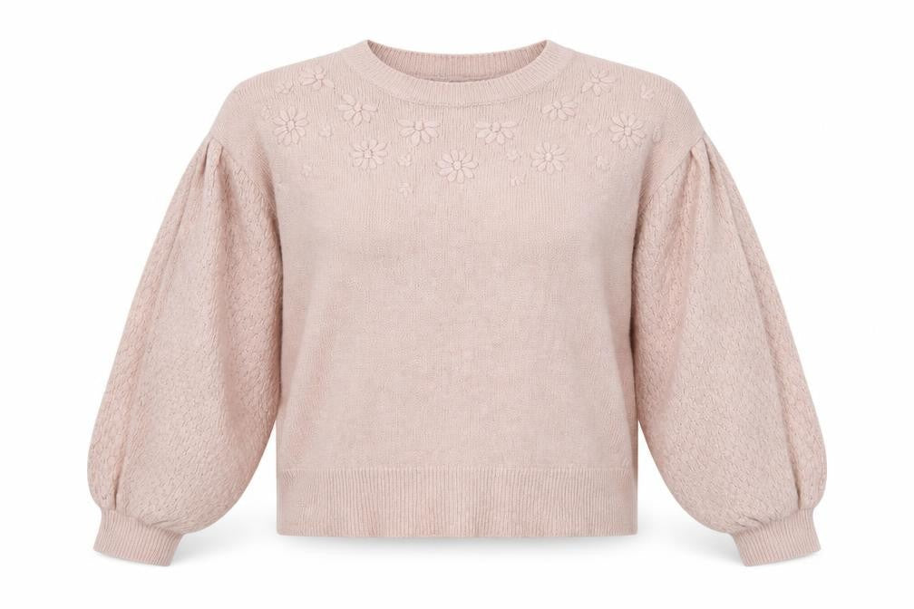 Oasis Women Pink M Floral Knit Balloon Sleeve Crew Neck Jumper