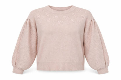 Oasis Women Pink M Floral Knit Balloon Sleeve Crew Neck Jumper