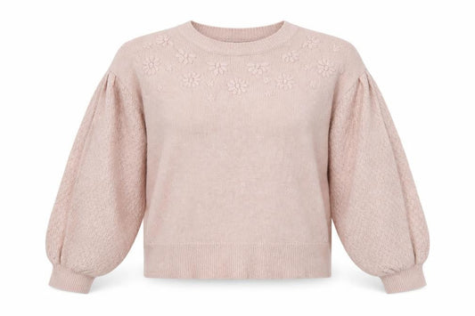 Oasis Women Pink M Floral Knit Balloon Sleeve Crew Neck Jumper