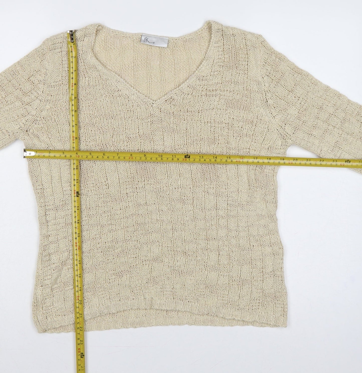 Bhs Women Beige Size 16 V-Neck Open Knit Bell Sleeve Jumper