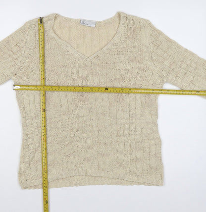 Bhs Women Beige Size 16 V-Neck Open Knit Bell Sleeve Jumper