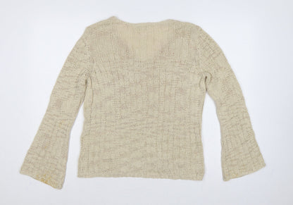Bhs Women Beige Size 16 V-Neck Open Knit Bell Sleeve Jumper
