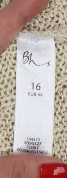 Bhs Women Beige Size 16 V-Neck Open Knit Bell Sleeve Jumper