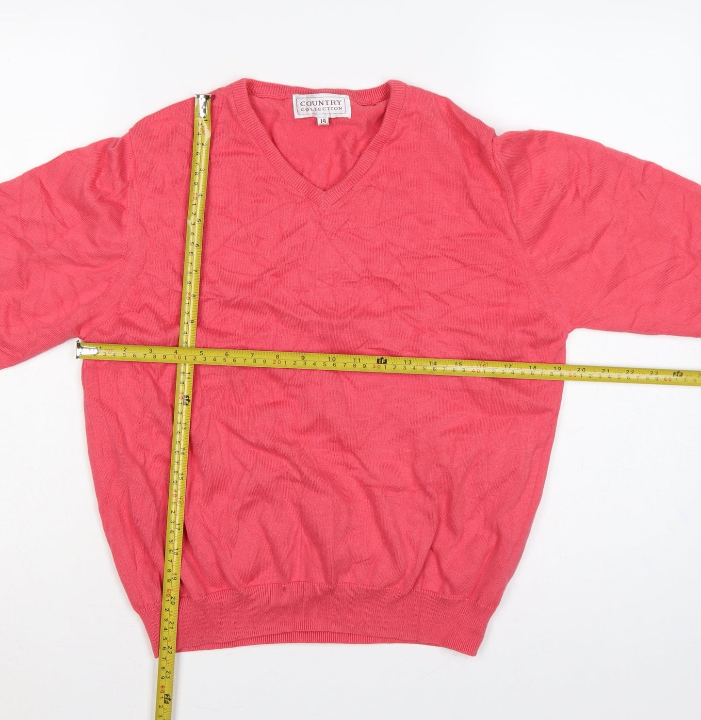 Country Collection Women Pink Size 14 V-Neck Cotton Knit Jumper
