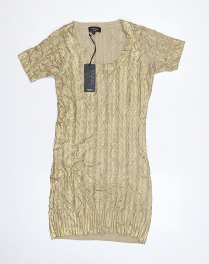 Aftershock London Women Gold L Cable Knit Jumper Dress Short Sleeve