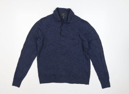 Marks and Spencer Men Blue M Cotton Rich Collared Henley Jumper