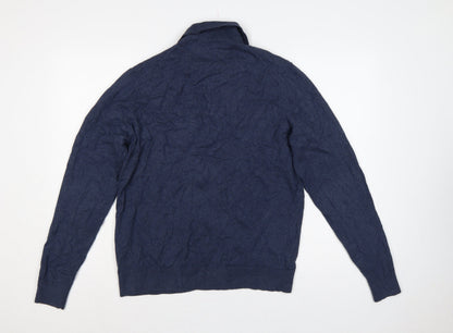 Marks and Spencer Men Blue M Cotton Rich Collared Henley Jumper