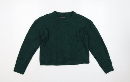 Wednesday's Girl Women Green S Cable-Knit Crew Neck Acrylic Pullover