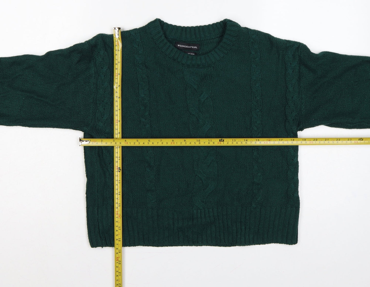 Wednesday's Girl Women Green S Cable-Knit Crew Neck Acrylic Pullover
