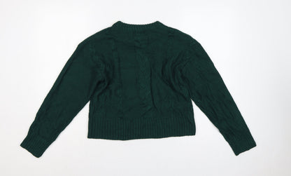 Wednesday's Girl Women Green S Cable-Knit Crew Neck Acrylic Pullover