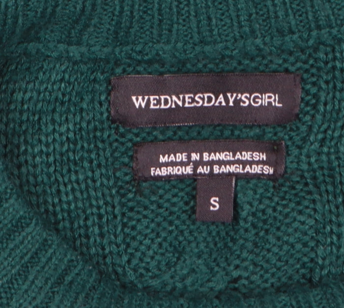Wednesday's Girl Women Green S Cable-Knit Crew Neck Acrylic Pullover