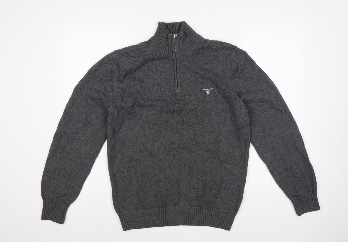 GANT Men’s Grey M Half Zip High Neck Logo Knit Jumper Pullover