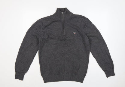 GANT Men’s Grey M Half Zip High Neck Logo Knit Jumper Pullover