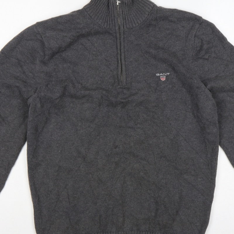 GANT Men’s Grey M Half Zip High Neck Logo Knit Jumper Pullover