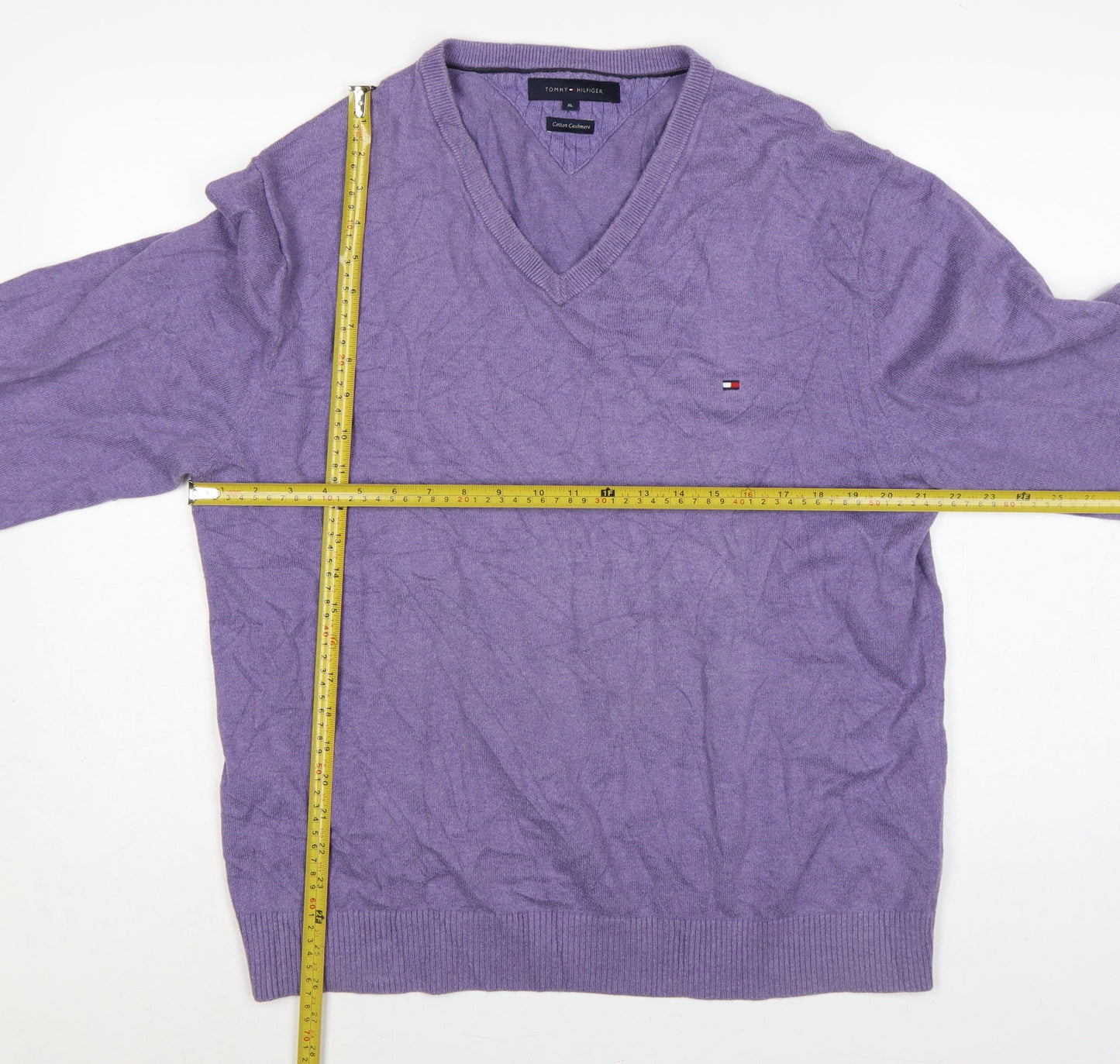 Tommy Hilfiger Men’s Purple XL Cotton Cashmere V-Neck Pullover Jumper