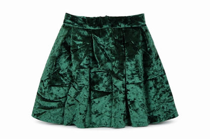 Front view of ASOS Women Green Velvet Pleated Skater Mini Skirt UK 6